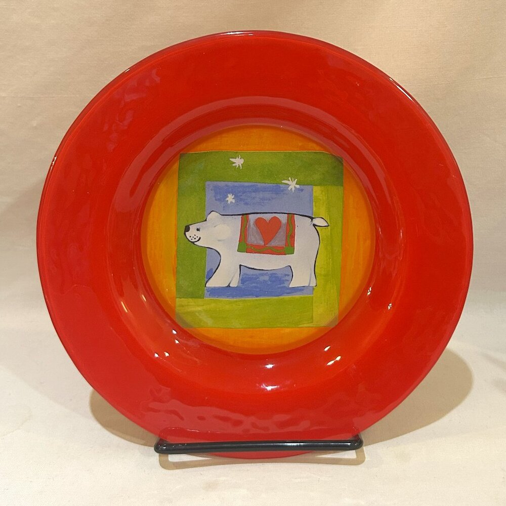 Dibbern Germany Art Glass Red Plate 8" Polar Bear w/ Heart Christmas Valentine